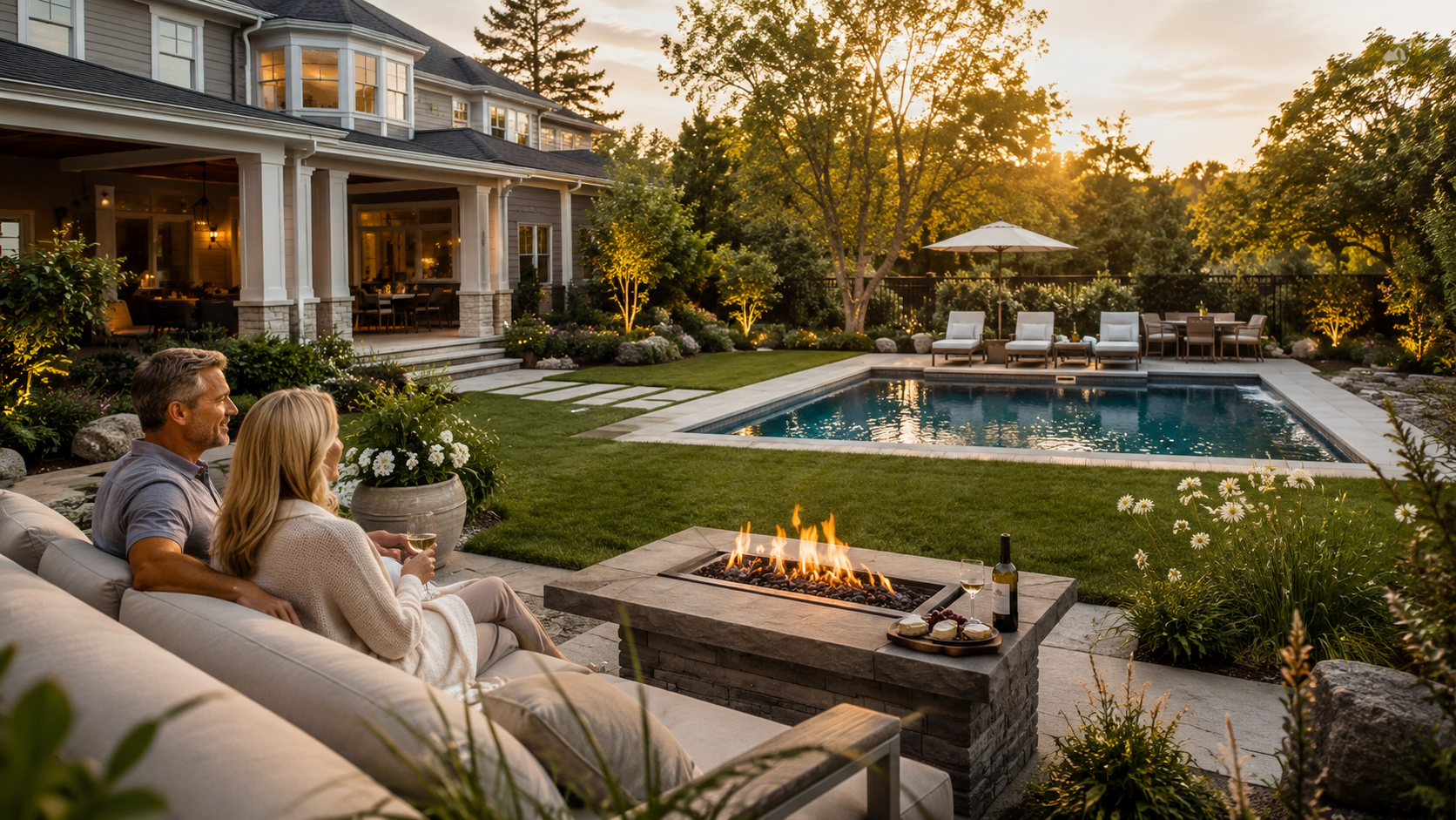 Homeowners relaxing by a gas fire pit on a paver patio overlooking a landscaped backyard pool at sunset
